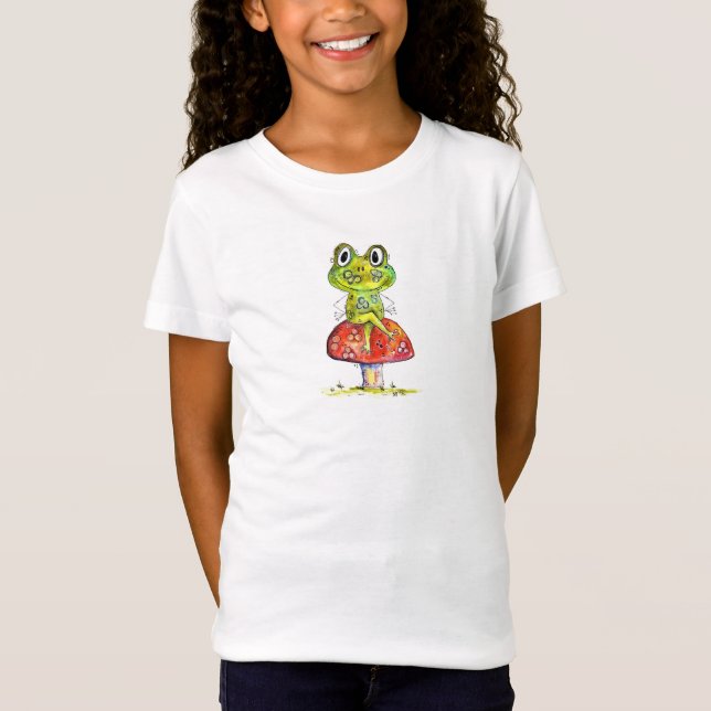 Cute Whimsical Green Frog on Toadstool T-Shirt (Front)