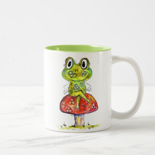 Cute Whimsical Green Frog on Toadstool Two-Tone Coffee Mug