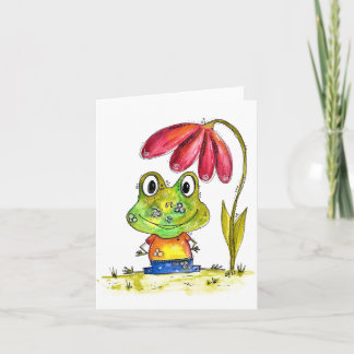 Cute Whimsical Green Frog Under a Red Flower Card