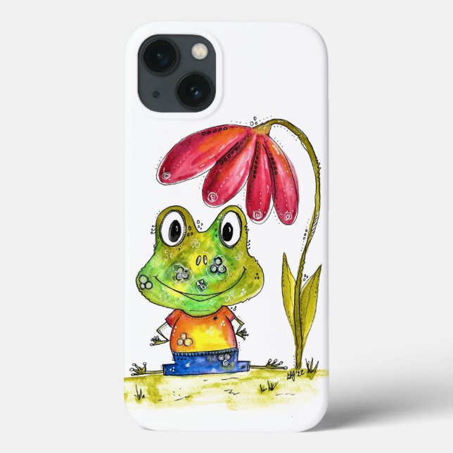 Cute Whimsical Green Frog Under a Red Flower Case-Mate iPhone Case (Back)