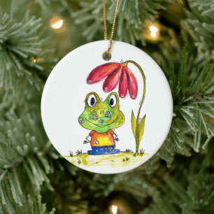 Cute Whimsical Green Frog Under a Red Flower Ceramic Tree Decoration