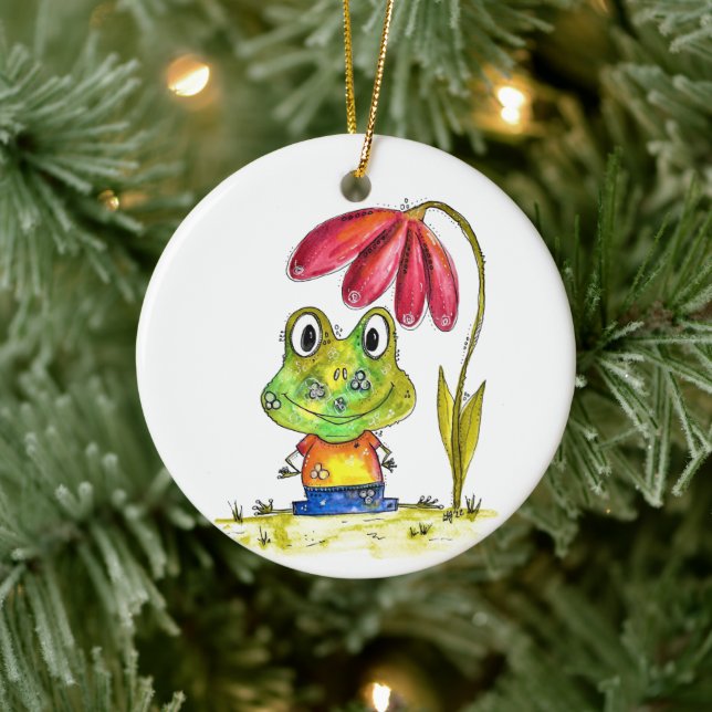 Cute Whimsical Green Frog Under a Red Flower Ceramic Tree Decoration (Tree)
