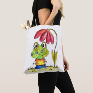 Cute Whimsical Green Frog Under a Red Flower Tote Bag
