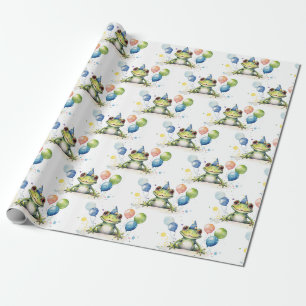 Cute Whimsical green frog with balloons Wrapping Paper