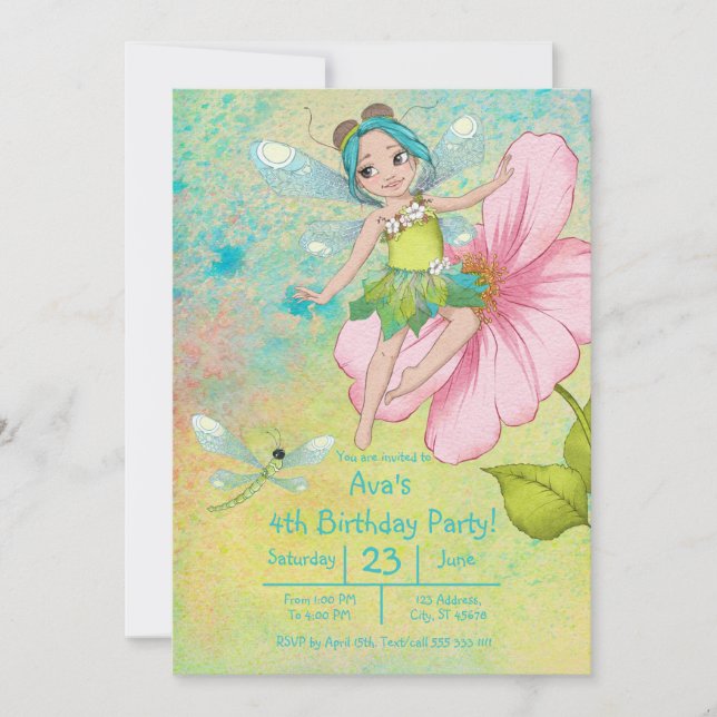 Cute Whimsical Green Turquoise Dragonfly Birthday Invitation (Front)