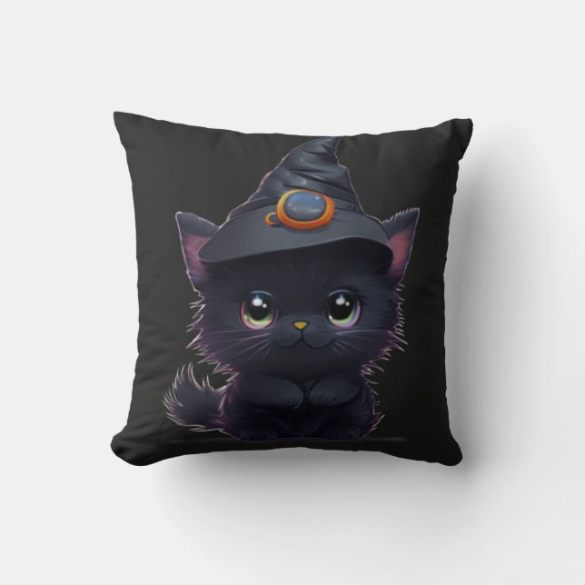 Cute whimsical Halloween black cat Cushion (Front)