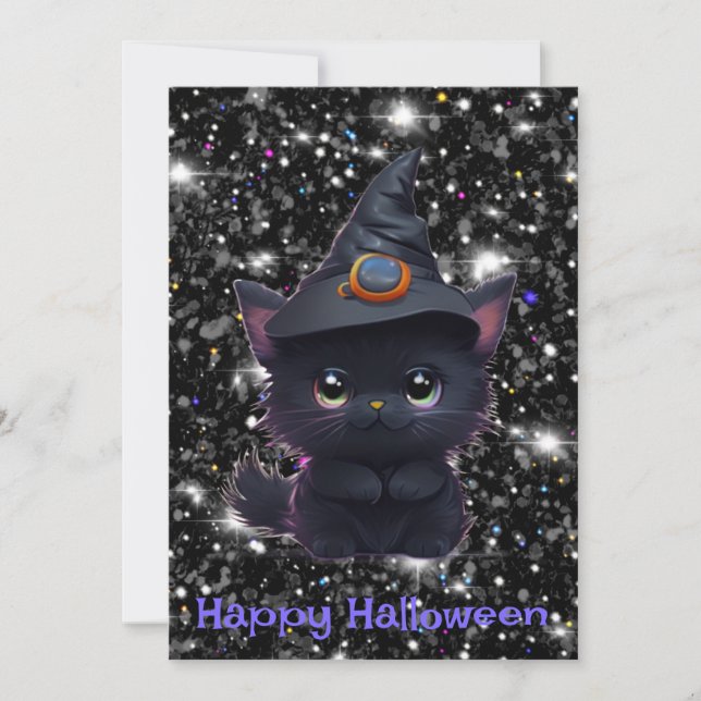 Cute whimsical Halloween black cat Invitation (Front)