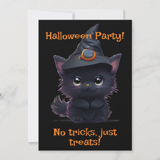 Cute whimsical Halloween black cat Invitation (Front)