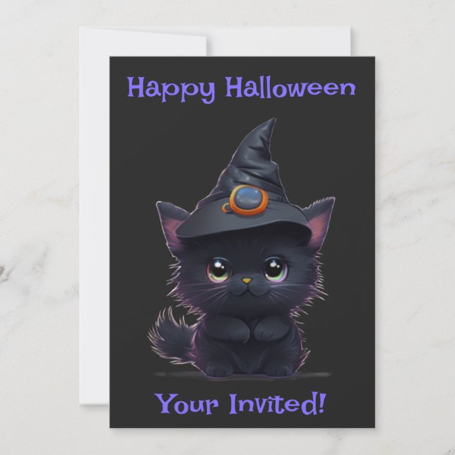 Cute whimsical Halloween black cat Invitation (Front)