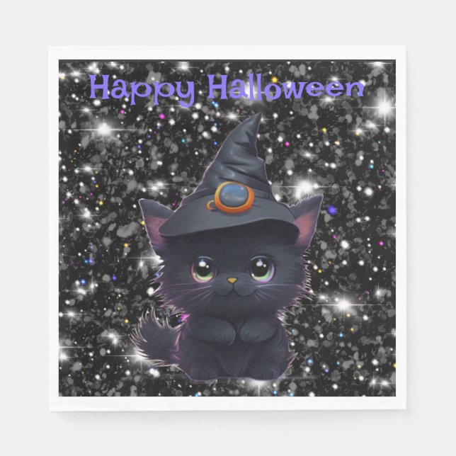 Cute whimsical Halloween black cat Napkin (Front)