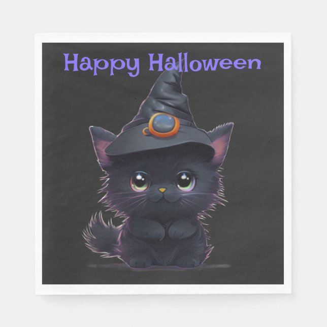 Cute whimsical Halloween black cat Napkin (Front)