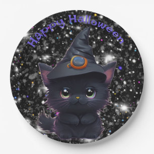 Cute whimsical Halloween black cat Paper Plate