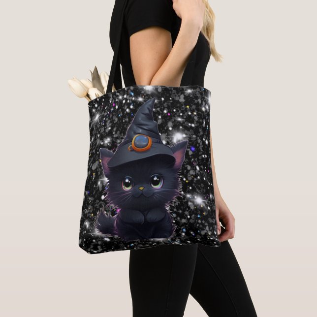 Cute whimsical Halloween black cat Tote Bag (Close Up)