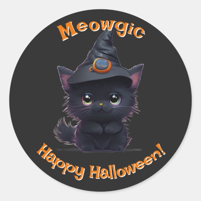 Cute whimsical Halloween magical black cat Classic Round Sticker (Front)