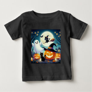 Cute, whimsical Halloween pumpkin, cat, & ghost Baby T-Shirt