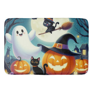 Cute, whimsical Halloween pumpkin, cat, & ghost Bath Mat