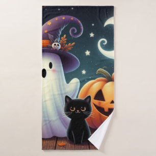 Cute, whimsical Halloween pumpkin, cat, & ghost Bath Towel