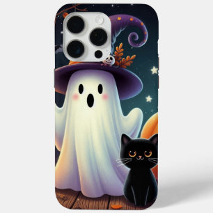 Cute, whimsical Halloween pumpkin, cat, & ghost iPhone 15 Pro Max Case