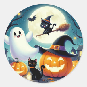 Cute, whimsical Halloween pumpkin, cat, & ghost Classic Round Sticker