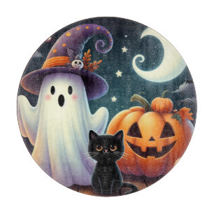 Cute, whimsical Halloween pumpkin, cat, & ghost Cutting Board