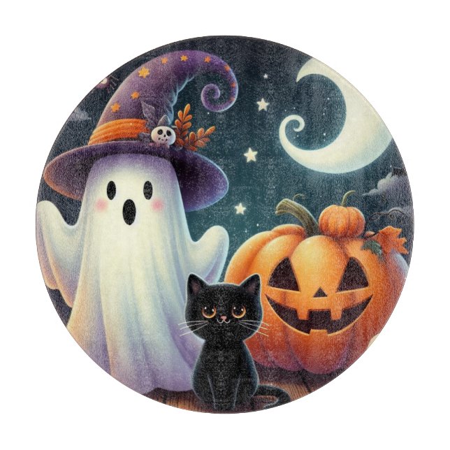 Cute, whimsical Halloween pumpkin, cat, & ghost Cutting Board (Front)