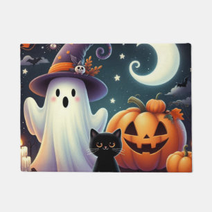 Cute, whimsical Halloween pumpkin, cat, & ghost Doormat