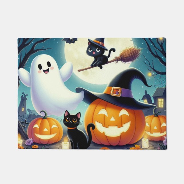 Cute, whimsical Halloween pumpkin, cat, & ghost Doormat (Front)