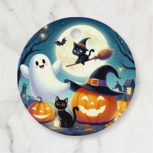 Cute, whimsical Halloween pumpkin, cat, & ghost Favour Tags