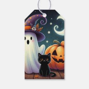 Cute, whimsical Halloween pumpkin, cat, & ghost Gift Tags