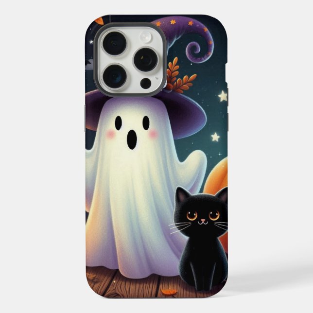 Cute, whimsical Halloween pumpkin, cat, & ghost iPhone Case (Back)