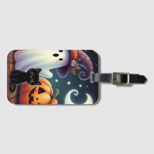 Cute, whimsical Halloween pumpkin, cat, & ghost Luggage Tag