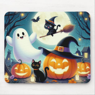 Cute, whimsical Halloween pumpkin, cat, & ghost Mouse Mat
