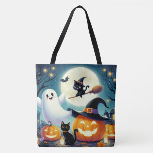 Cute, whimsical Halloween pumpkin, cat, & ghost Tote Bag