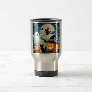 Cute, whimsical Halloween pumpkin, cat, & ghost Travel Mug