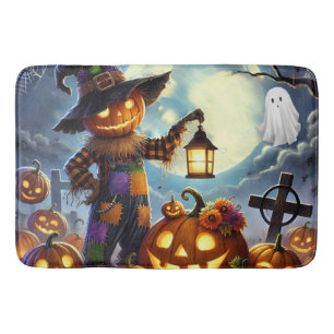 Cute, Whimsical Halloween scarecrow & pumpkins Bath Mat