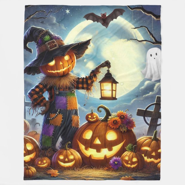 Cute, Whimsical Halloween scarecrow & pumpkins Fleece Blanket (Front)