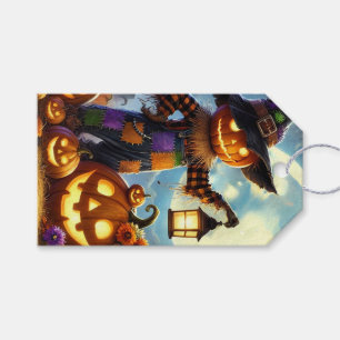 Cute, Whimsical Halloween scarecrow & pumpkins Gift Tags