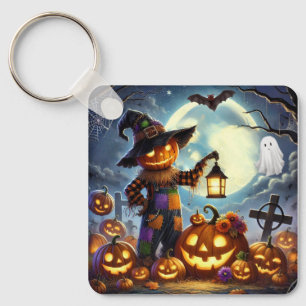 Cute, Whimsical Halloween scarecrow & pumpkins Key Ring