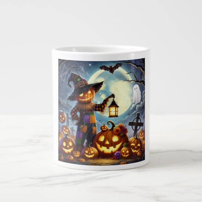 Cute, Whimsical Halloween scarecrow & pumpkins Large Coffee Mug (Front)