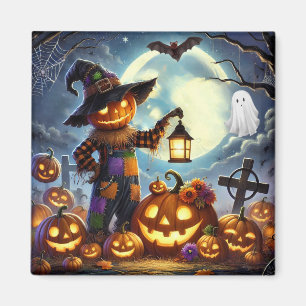 Cute, Whimsical Halloween scarecrow & pumpkins Magnet