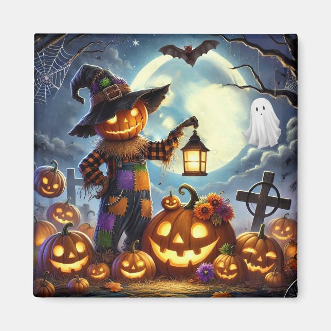 Cute, Whimsical Halloween scarecrow & pumpkins Magnet (Front)