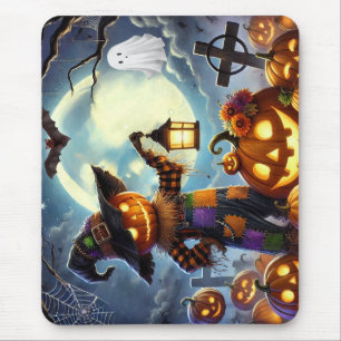 Cute, Whimsical Halloween scarecrow & pumpkins Mouse Mat