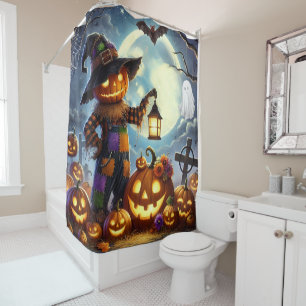 Cute, Whimsical Halloween scarecrow & pumpkins Shower Curtain