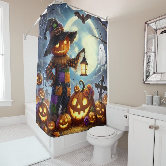 Cute, Whimsical Halloween scarecrow & pumpkins Shower Curtain (In Situ)
