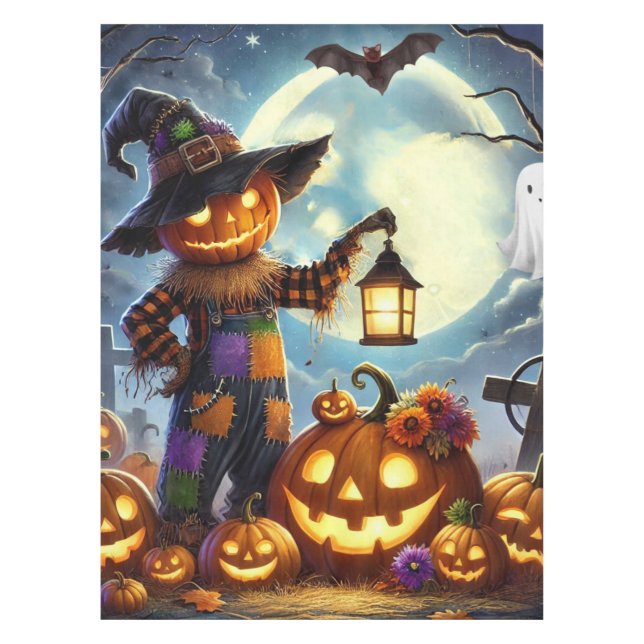 Cute, Whimsical Halloween scarecrow & pumpkins Tablecloth (Front)