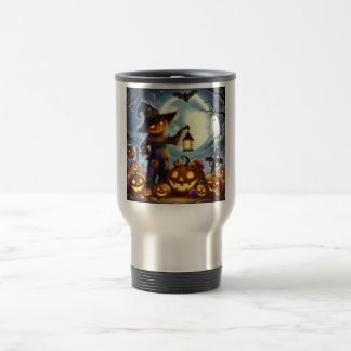 Cute, Whimsical Halloween scarecrow & pumpkins Travel Mug
