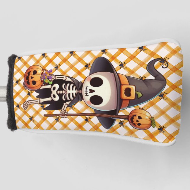 Cute, Whimsical Halloween skeleton Golf Head Cover (Front)