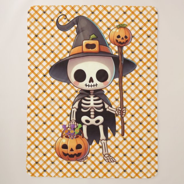 Cute, Whimsical Halloween skeleton Sherpa Blanket (Front)