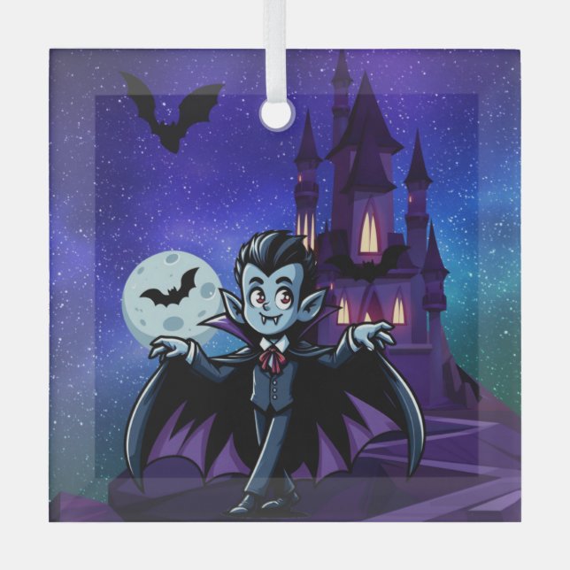 Cute, whimsical Halloween vampire Glass Tree Decoration (Front)
