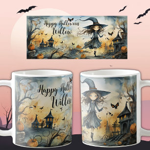 Cute Whimsical Halloween Witch, Personalised Name Coffee Mug
